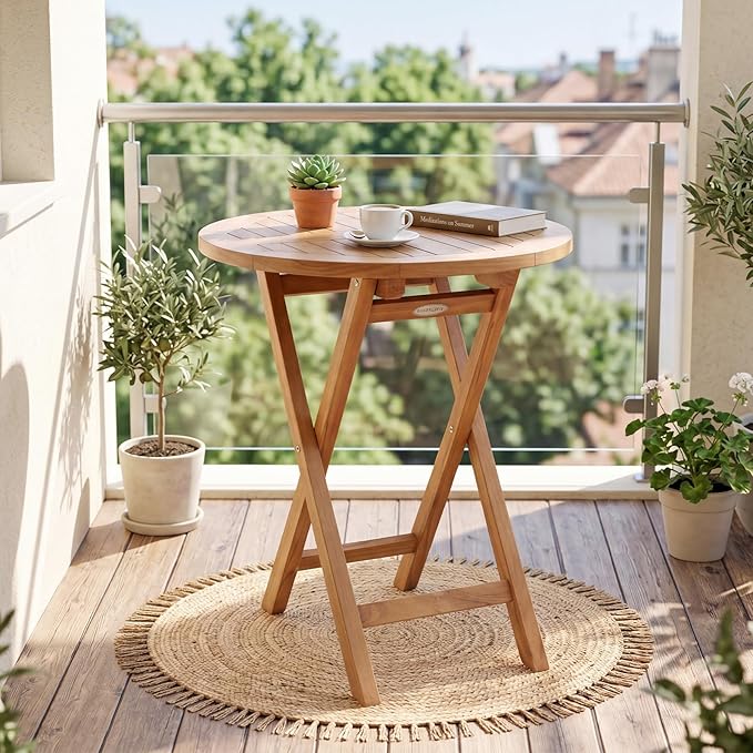 Tangkula 24-Inch Teak Wood Folding Outdoor Table, Round Patio Table with Sturdy X-Frame, Space Saving Outside Bistro Table for Deck, Porch, Poolside, Balcony & Garden