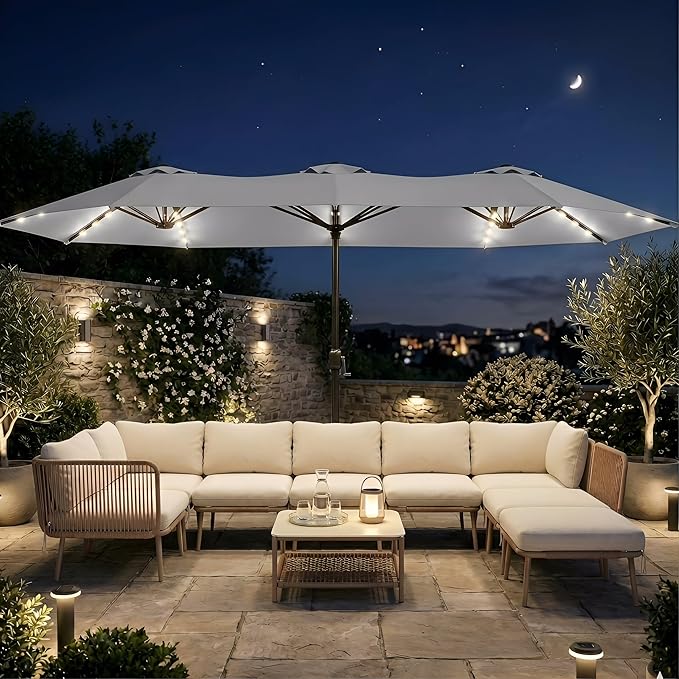 15FT Large Outdoor Patio Umbrella with Solar Lights and Base, Double-Sided Table Umbrellas with 48 LED Lights, Rectangle Market Umbrella for Pool, Deck, Backyard