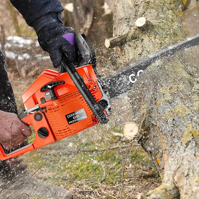 COOCHEER 62CC Gas Chainsaw 20 Inch, 3.5 HP 2-Stroke Chainsaw Gas Powered with Carrying Bag & Tool Kit, Chainsaws for Wood Cutting, Tree Trimming, Farm Use (Orange-Red)