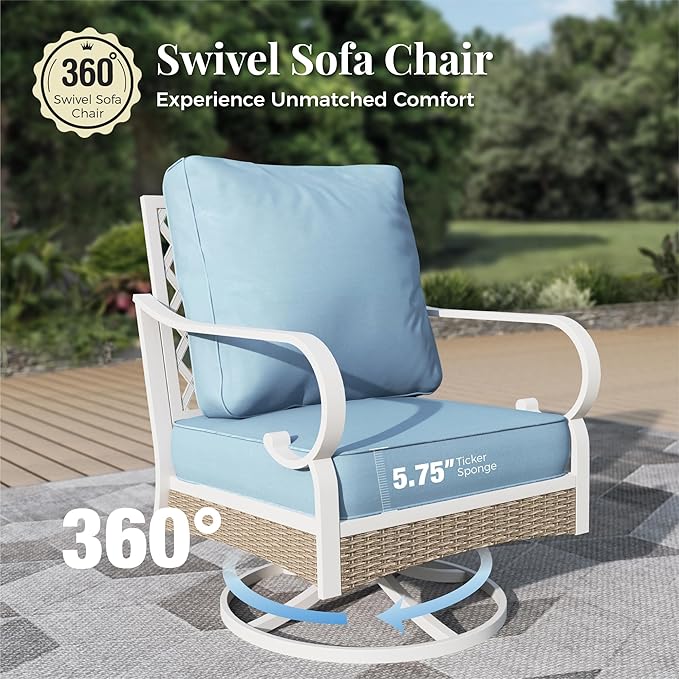 5 Piece Metal Patio Furniture Set, 7-Seat All Weather Outdoor Conversation Set with 3-Seat Sofa & 2 Swivel Chairs & Love Seat, Outdoor Sofa Set for Backyard, Deck, Garden, White/Blue