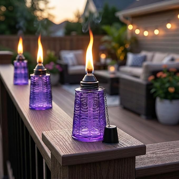 Seraphic Citronella Table Top Torches for Outdoor Patio, 16oz Decorative Glass Torch Citronella Candles for Outside Deck, Garden, Parties, Set of 3, Purple