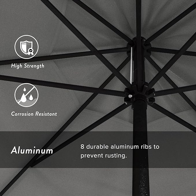 California Umbrella 12-Year Protection 9' Rd Aluminum Patio Umbrella, Crank Lift, Auto Tilt, Black Finish, Sunbrella Granite