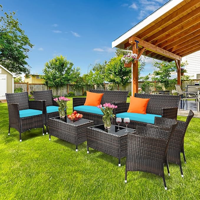 8 Pieces Patio Sofa Set, Wicker Conversation Set with Ergonomic Curved Backrest, Water-Resistant Cushion & Tempered Glass Table for Balcony, Porch (Turquoise)