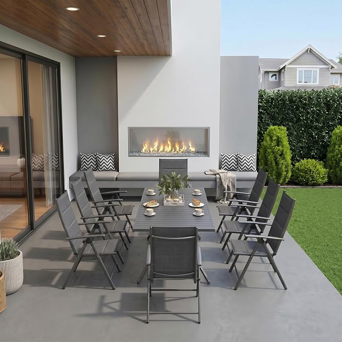 PURPLE LEAF Outdoor Dining Set for 8 Folding Patio Dining Set with Aluminum Rectangular Table and Padded Chairs All Weather Dining Table Sets for Garden Backyard Poolside, Grey