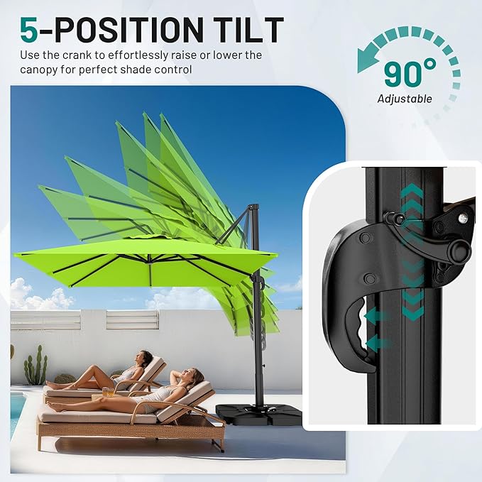 AreShark 9 × 9FT Square Cantilever Patio Umbrella with Base Included, 360° Rotation Offset Outdoor Umbrella, 5 Tilt Settings Heavy Duty Hanging Parasol for Deck Garden Pool, Apple Green