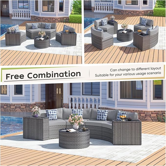ABCASA Outdoor Patio Furniture Set with Coffee Table,7 Pieces Half-Moon Curved Outdoor Sectional Sofa and Side Table Waterproof Cover, Wicker Rattan Patio Coversation Set for Porch,Backyard(Grey)