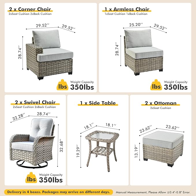8 Pcs Outdoor Sectional Patio Furniture Set with Swivel Rocking Chair and Ottomans - All Weather Wicker Outside Sectional Couch,Patio Seating Outdoor Conversation Sets for Deck Yard Garden,Grey