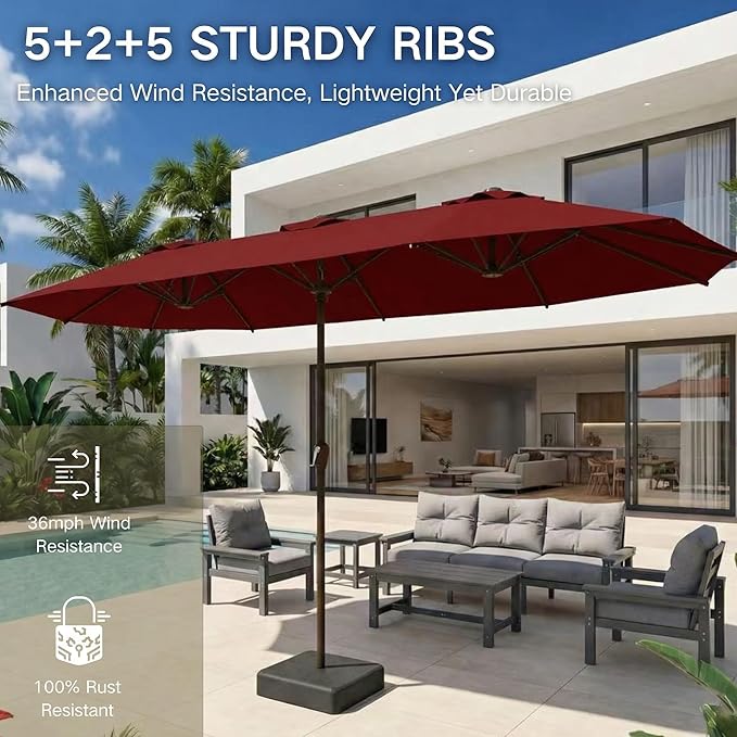 Kingdura 15ft Large Patio Umbrella with Base Included, Double-Sided Rectangle Outdoor Table Umbrella with 12 Reinforced Ribs, Crank Lift for Market Pool Deck Backyard, Dark red
