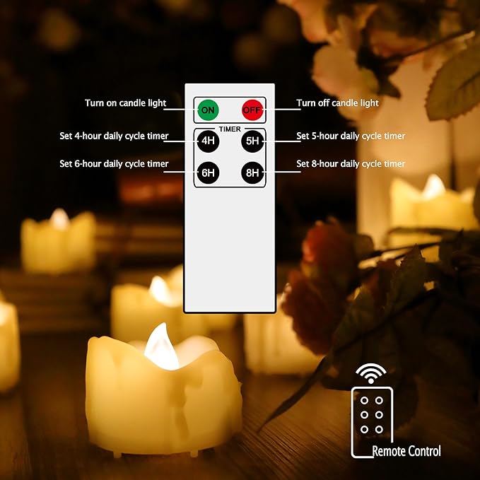CANDLE CHOICE Battery Operated Flameless Tea Lights Remote Timer Realistic Flickering Fake Electric LED Tealight Votive Candles Set Wedding Halloween Christmas Decorations Batteries Included 6 Pack