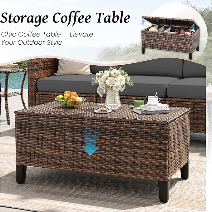 Amopatio Patio Furniture Set, Wicker Outdoor Sectional Sofa Sets, 7 Pieces Rattan Conversation Set with Storage Table, Swivel Chairs Include Waterproof, (Grey)