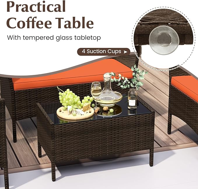 Tangkula 8 Piece Patio Rattan Conversation Set, Outdoor Wicker Furniture Set with Chair, Loveseat & Tempered Glass Table, Cozy Seat Cushions, Outside Sectional Sofa Set for Backyard (2, Orange)