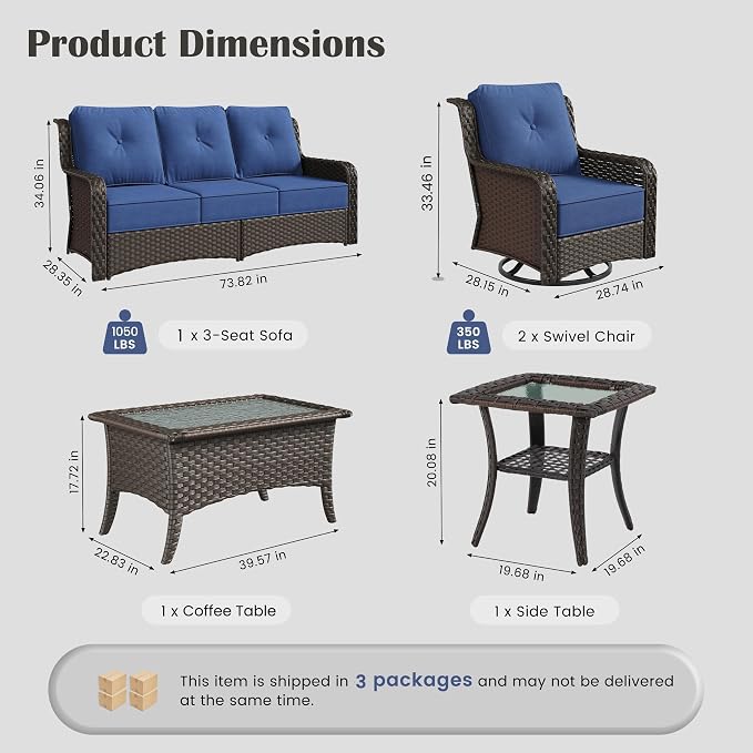 Sundale Outdoor 5 Piece Wicker Patio Furniture Set, High Back Outdoor Couch with Swivel Chairs & Coffee Table, 6" Thick Cushion Patio Conversation Sets with Deep Seating for Yard, Deck (Blue)