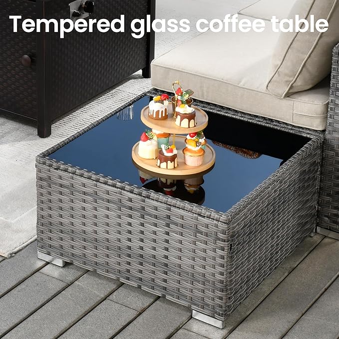 10 PCS Outdoor Patio Furniture Sets with 42'' Fire Pit Table,Wicker Weather Resistant Patio Conversation Set with Wicker Rocking Chair,Modular L Shaped Sofa with Coffee Table for Yard,Beige