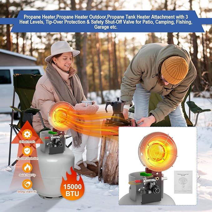 Propane Heater, 15000 BTU Propane Heater Outdoor, Propane Tank Top Heater with Tip-Over Protection, 3 Heat Settings, Safety Shut-Off Valve for Patio,Camp,Fish,Garage,etc.