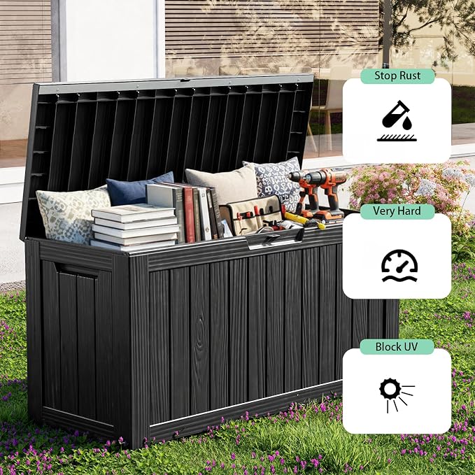 80 Gallon Deck Box with Lock - Resin Waterproof Outdoor Storage Box for Patio Furniture,Garden Tools,Cushions,Pool Accessories(Black)