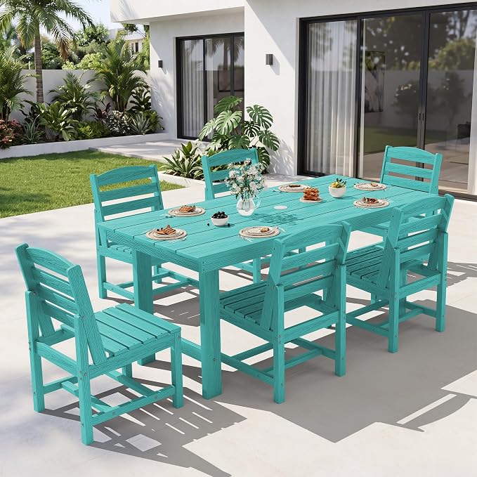 KINGYES 7-Piece Patio Dining Set, HDPE Table and Armless Chairs Outdoor Furniture Set with Umbrella Hole, Aruba
