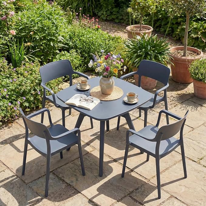 Tangkula 28" Square Outdoor Dining Table, All-Weather Plastic Patio Bistro Table for 4, Small Compact Outside Furniture for Garden, Backyard, Deck and Poolside, Grey