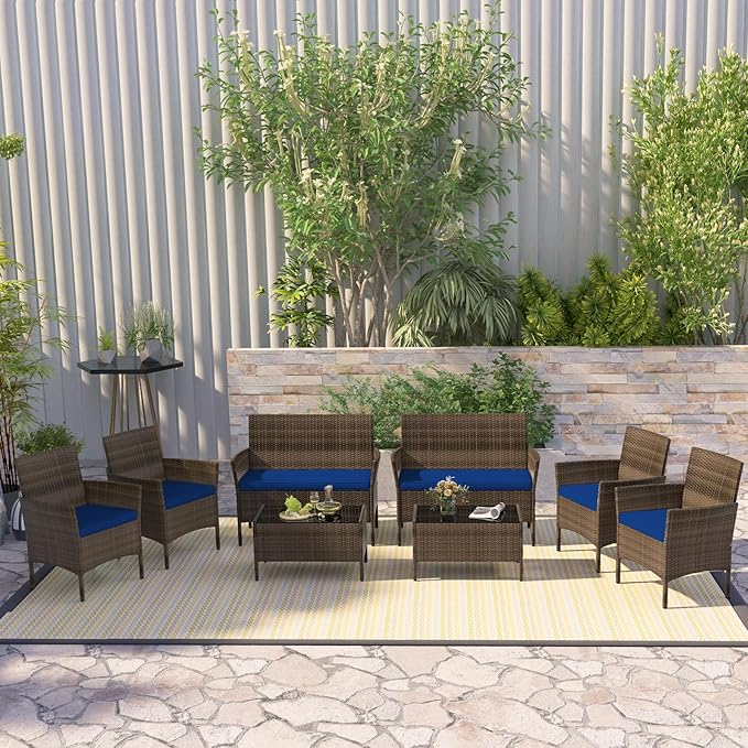 RELAX4LIFE 8-Piece Patio Furniture Set - Rattan Outdoor Conversation Bistro Set w/Cushions, Glass Coffee Table, Wicker Chairs & Loveseat for Garden Backyard Porch, Balcony Furniture Set (2, Navy)
