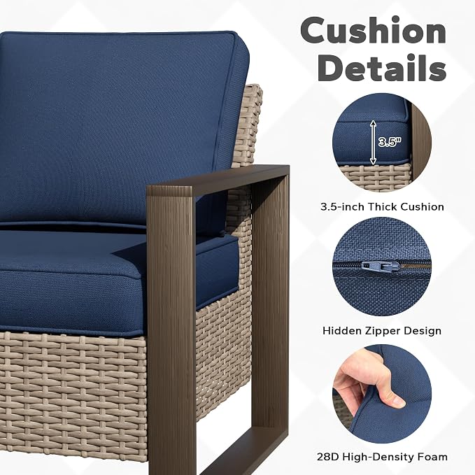 Joyside Outdoor Patio Sofa, 4 Pieces Wicker Rattan Furniture Set, 1 Patio Couch and 2 Ottoman, Metal Wide Armrest, Thick Cushions and Deep Seating for Garden, Backyard, Porch, Deck