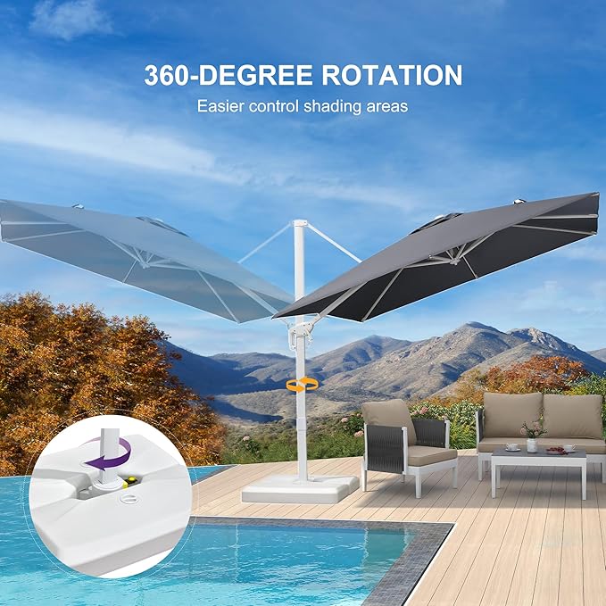 PURPLE LEAF 8 FT Patio Umbrella With Base White Cantilever Umbrella Square Outdoor Offset Umbrella Windproof with 360° Rotation for Garden Deck Pool, Light Grey