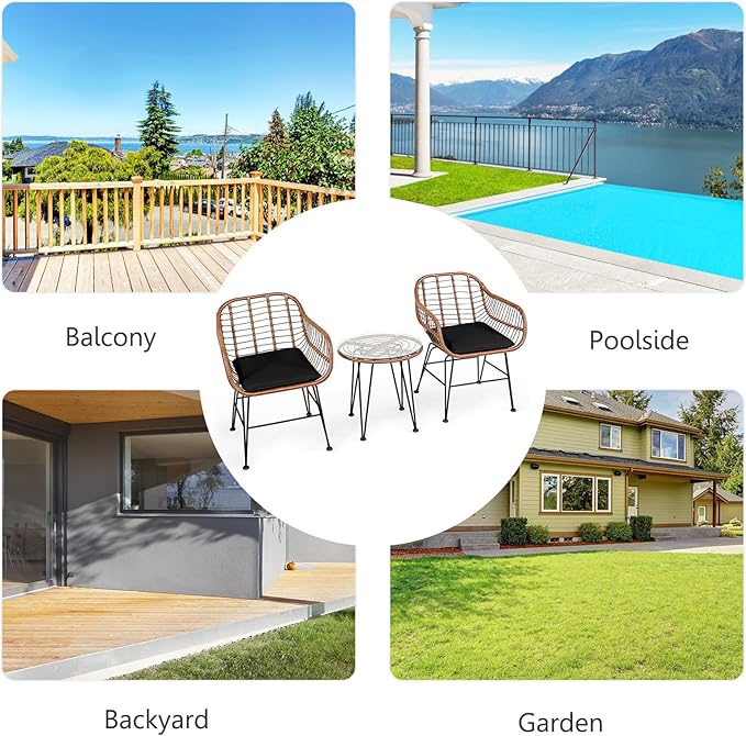 DORTALA 3 Piece Patio Bistro Set, Outdoor Wicker Furniture with Round Tempered Glass Top Table & 2 Rattan Armchairs, Cushions, Conversation Set for Porch, Backyard, Garden, Black