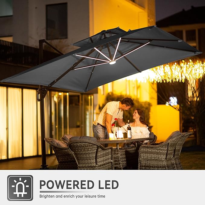 10 X 13 FT Cantilever Outdoor Patio Umbrella with Base Included Large Heavy Duty 360° Rotation Double Top Offset Rectangular Umbrellas with LED Lights for Backyard Outside Deck, Grey
