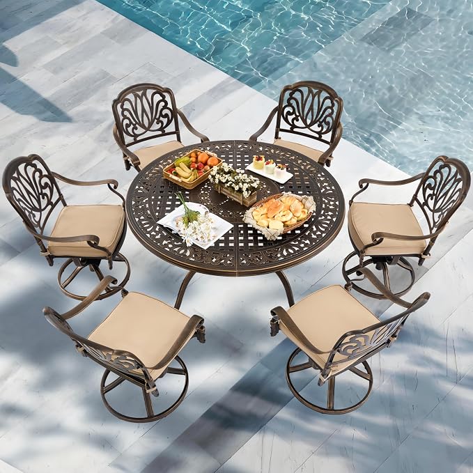 7-Piece Cast Aluminum Outdoor Table and Chairs, Classic Vintage Patio Dining Set for 6 Include 54.5" Round Dining Table and 6 Swivel Chairs with Removable Cushion and Umbrella Hole