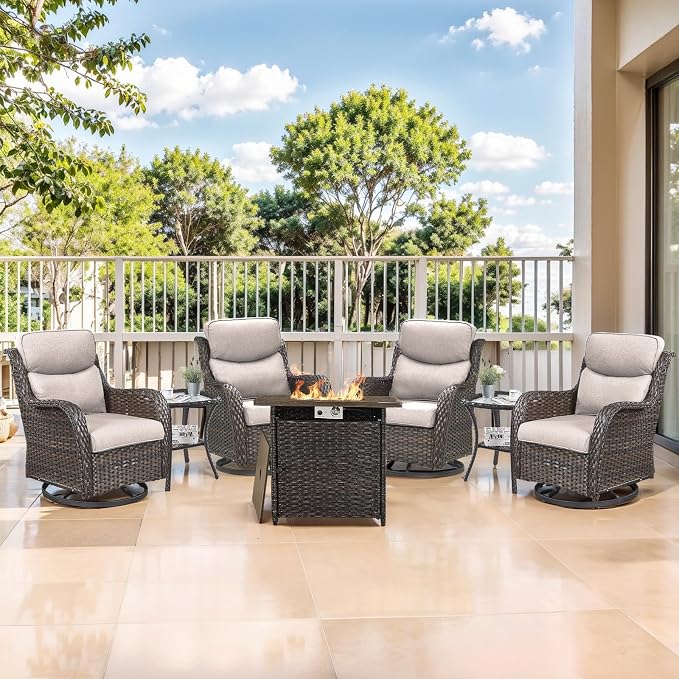 Outdoor Swivel Rocker Patio Chairs Set of 4 with Fire Table - 5" Thick Cushion 6 Piece Furniture Set with Fire Pit Table All Weather Wicker Conversation Set for Porch Deck - Brown/Beige