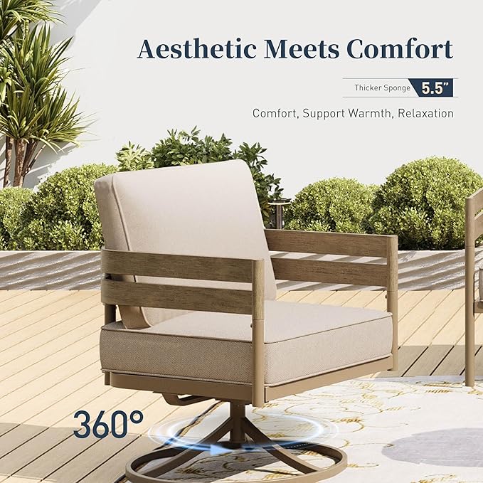 Metal Frame Patio Furniture Set, Wood-Like Modern Outdoor Patio Furniture Set with Cushion, Patio Seating Set with Swivel Chairs, Patio Conversation Set for Backyard Deck