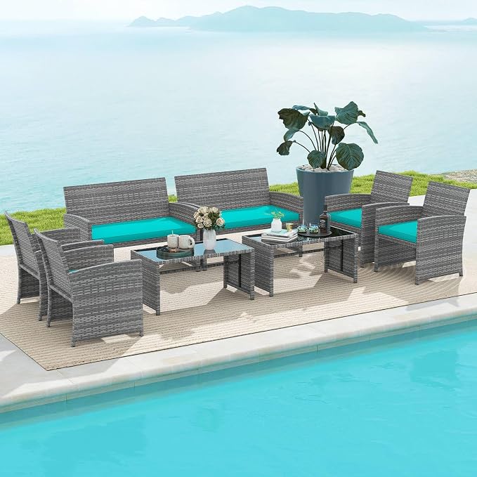 RELAX4LIFE 8-Piece Patio Furniture Set - Wicker Rattan Outdoor Sectional Sofa Set w/Glass Coffee Table, Loveseat, Chairs & Soft Cushions, Bistro Conversation for Garden Porch (2, Grey-Turquoise)