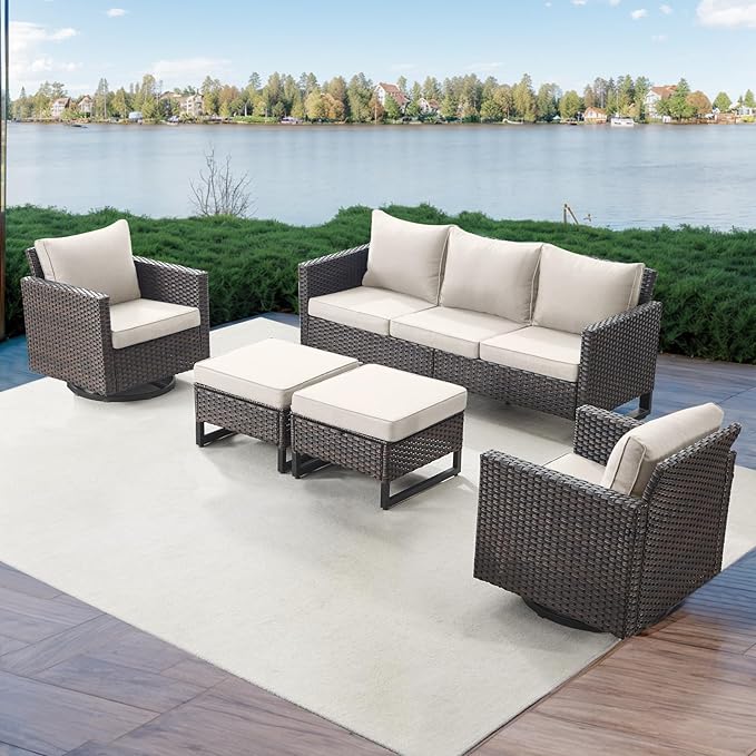 Rilyson Wicker Outdoor Patio Furniture Set - 5 Piece Patio Conversation Set with 2 Swivel Rocker Chairs,2 Rattan Ottoman and 1 Couch for Outside Porch Deck Backyard Garden(Brown/Beige)