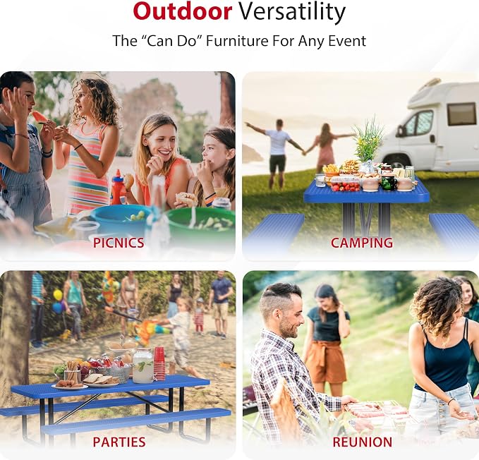 Leisure Craft Metal Picnic Table with Bench - 8 ft Rectangle Outdoor Dining Table for 8, Umbrella Hole, Weatherproof Heavy Duty Thermoplastic Coating, Commercial Grade Furniture Made in USA - Blue