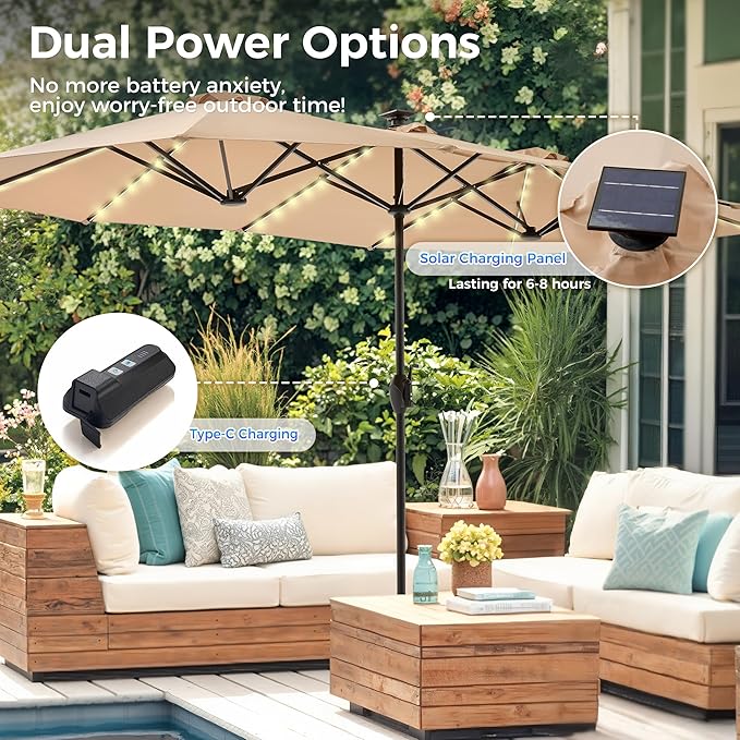 SUPERJARE 13ft Outdoor Patio Umbrella with Solar Lights, Double-sided Deck Pool Umbrella with 1.5 Inch Pole, Fade Resistant Canopy, 12 Sturdy Ribs, for Porch, Market, Backyard, Beige (No Base)