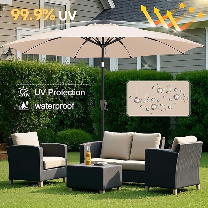FLAME&SHADE 11 ft Patio Umbrella - Table Umbrella Outdoor with Push Button Tilt and Crank, UV Protection, 8 Sturdy Ribs, Market Umbrella for Garden, Deck, Backyard, Lawn, Pool and Beach(Beige)