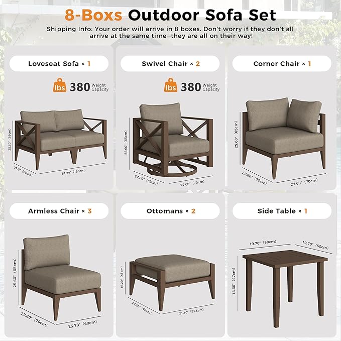 Aluminum Patio Furniture Set,8-Seats Patio Sectional Conversation Sofa with 5.2" All-Weather Cushions and 2 Swivel Rocking Chairs & 2 Ottomans,Furniture Set(Brown)