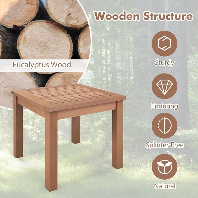 HAPPYGRILL Outdoor Side Table Eucalyptus Wood Square End Table, Wood Patio Table with Slatted Tabletop for Backyard Poolside Porch