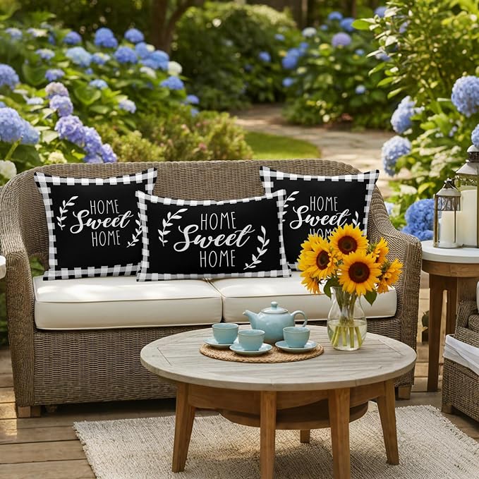 Home Sweet Home Waterproof Outdoor Pillow Covers Set of 2 Home Decor, Leaves Black Buffalo Plaid Pillowcase Patio Pillow Covers for Couch Bench Patio Furniture Garden 24x24in