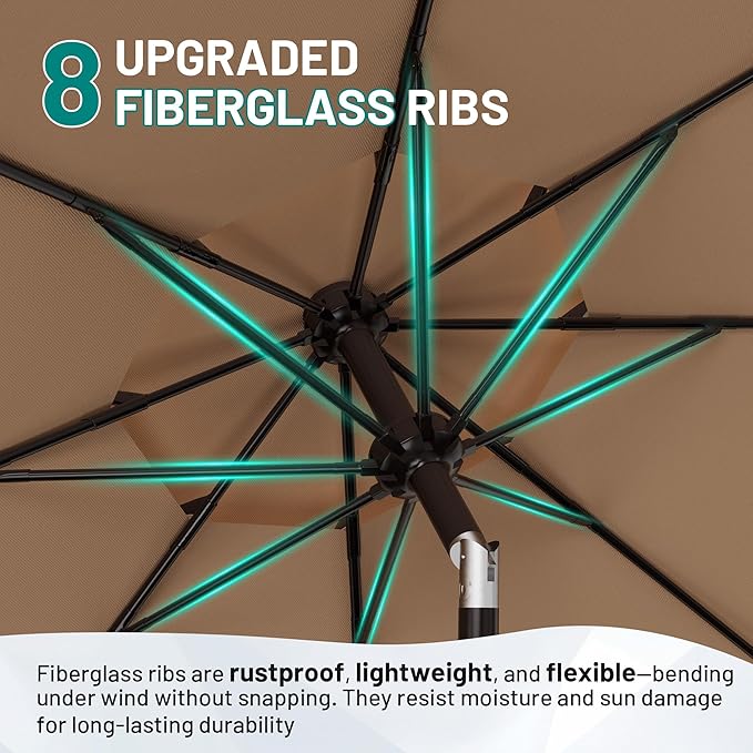 AreShark 9FT Patio Umbrella with Fringe, Wind-Resistant Fiberglass 8 Ribs Tassel Outdoor Umbrella with Crank and Push Button Tilt, Double Tier Vent Sun Shade for Pool, Deck, Backyard, Beige
