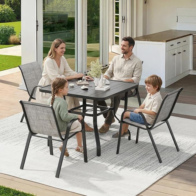 Soohow 5-Piece Outdoor Dining Set, Outdoor Patio Table and Chairs Set, 4 x Stackable Chairs & 1 x Outdoor Table with Umbrella Hole, All-Weather Patio Dining Sets for Poolside, Backyard and Porch