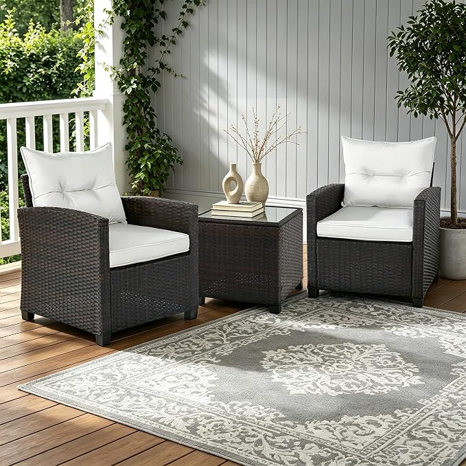 SHGJ&SOFT 3 Pieces Patio Furniture Set, Outdoor Conversation Set with Cushions, PE Rattan Wicker Bistro Set and Tempered Glass Tabletop, Outdoor Rattan Sofa for Poolside,Porch,Balcony (White)