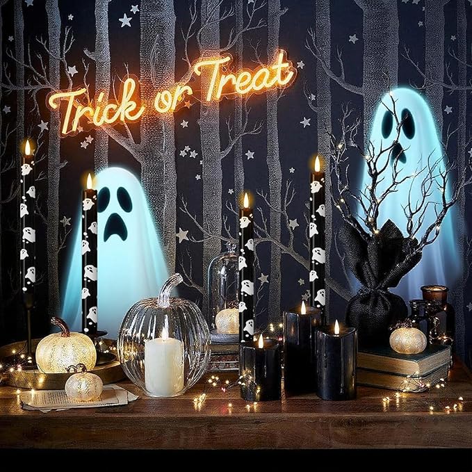 Eldnacele Flameless Flickering Taper Candles with Remote and Timer, Battery Operated Ghost Decal Real Wax Black LED Window Candles Set of 4 Fireplace Spooky Halloween Holiday Decor