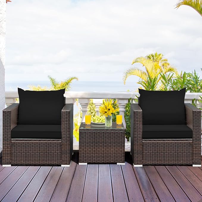 COSTWAY 3-Piece Patio Furniture Set, Outdoor Wicker Rattan Sofa with Cushions and Coffee Table with Tempered Glass, Modern Conversation Chair Set for Poolside Backyard Balcony Lawn (Black)