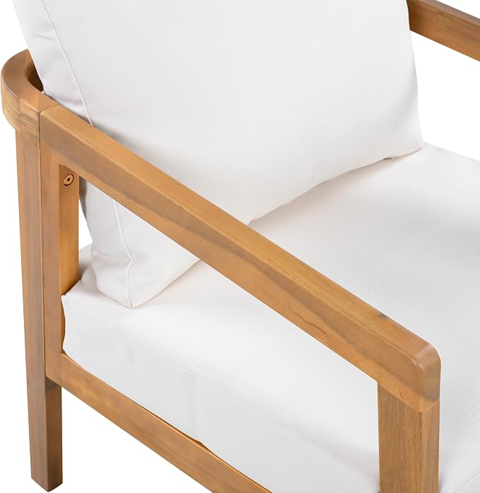 Christopher Knight Home Sures Acacia Wood Club Chair and Coffee Table Set, 3 Piece Patio Bistro Set, Solid Wood Outdoor Patio Furniture Set with Center Table, Natural+Beige