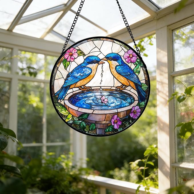 DASTOLL Stained Glass Window Hanging, 2 Blue Birds Suncatcher Diamond Glass Panel Hangings Bird Lover Sun Catchers Decor for Birthday for Women, Men, Wife, Aunt, and Mom 7.8 in