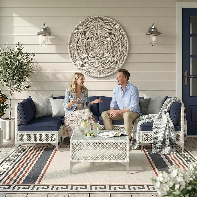 ENSTVER 7-Piece Outdoor Patio Furniture Set, Value Lightweight Boho Outdoor Sectional with Handwoven Wicker & Easy Assembly, Durable Outdoor Sofa for Small Patio, Balcony（Cushion Navy Blue）