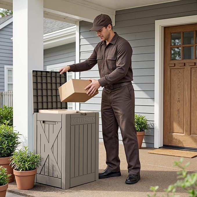 Flamaker 50 Gallon Deck Box, Package Delivery Box for Outside, Outdoor Package Drop Container for Gifts, Waterproof Plastic Storage Container with Lockable Secure for Porch (Brown)