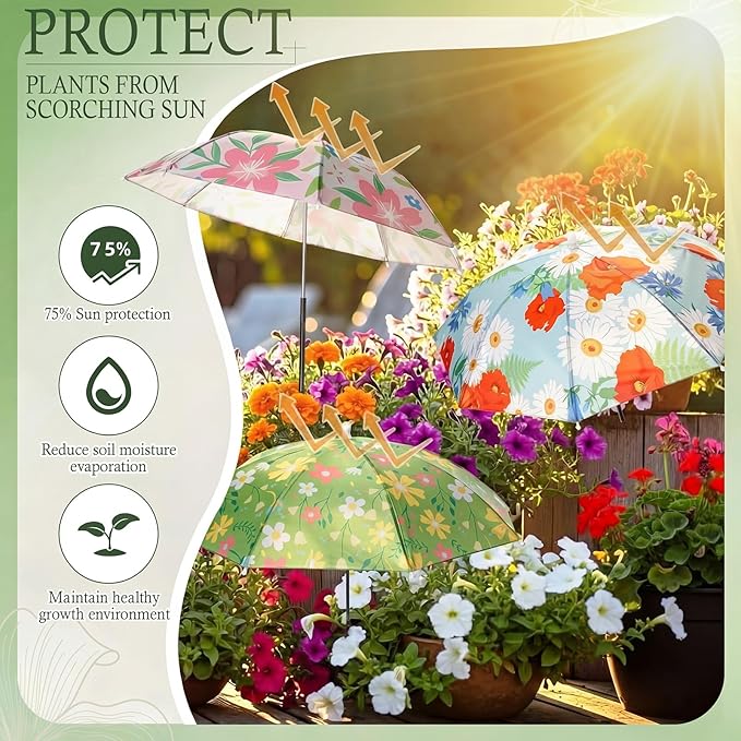 Hillban 6 Pack Plant Shade Umbrellas for Outdoor Plants 23.6" Large Garden Umbrella Shade for Potted Flower with Adjustable 40" H Sunshade Cover for Patio Garden Bed Flowers(Floral Pattern)