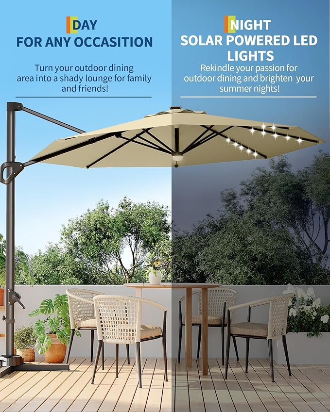 GarveeLife 10FT Patio Umbrella Outdoor Solar LED Large Cantilever Umbrella Market Sun Shade Windproof Offset Umbrella with 360-Degree Rotation for Garden Deck Pool Patio