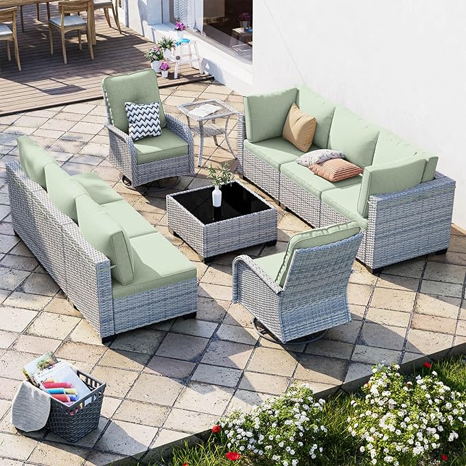 10-Piece Patio Furniture Set, Outdoor Patio Furniture with Swivel Chairs Set, Thick Cushions, Modular Patio Sofa, Dual-Strand Rattan, Rust-Resistant Frame, Light Green