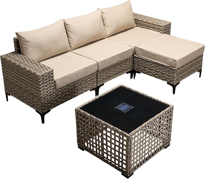 5-Piece Wicker Outdoor Sectional Furniture, Wide Armrest L-Shaped Patio Couch Set with Ottoman Thick Cushion, Modular Conversation Sets with Solar Table for Backyard Porch Balcony, Beige